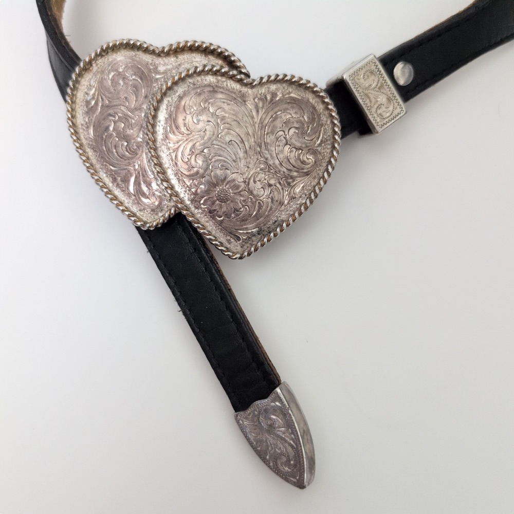 Montana Silversmiths Black Leather Western Belt Heart Silver Plate 27-30 HEAVY - Picture 4 of 9